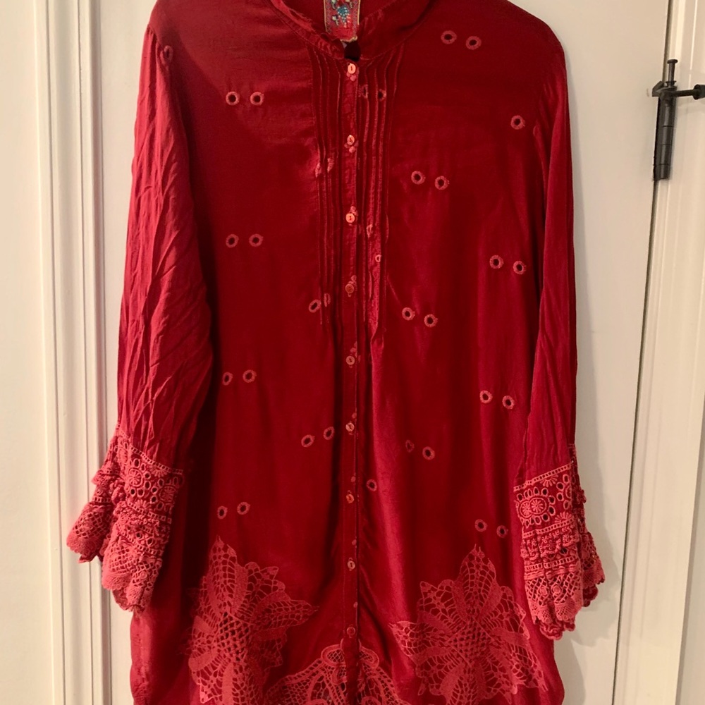 Johnny Was Red Eyelet Tunic Top